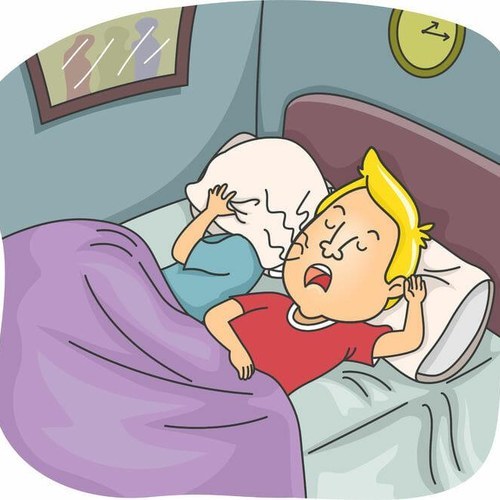 Cartoon illustration of two children in bed at night — one child is snoring with mouth open while the other covers their ears, depicting the experience of pediatric sleep-disordered breathing.